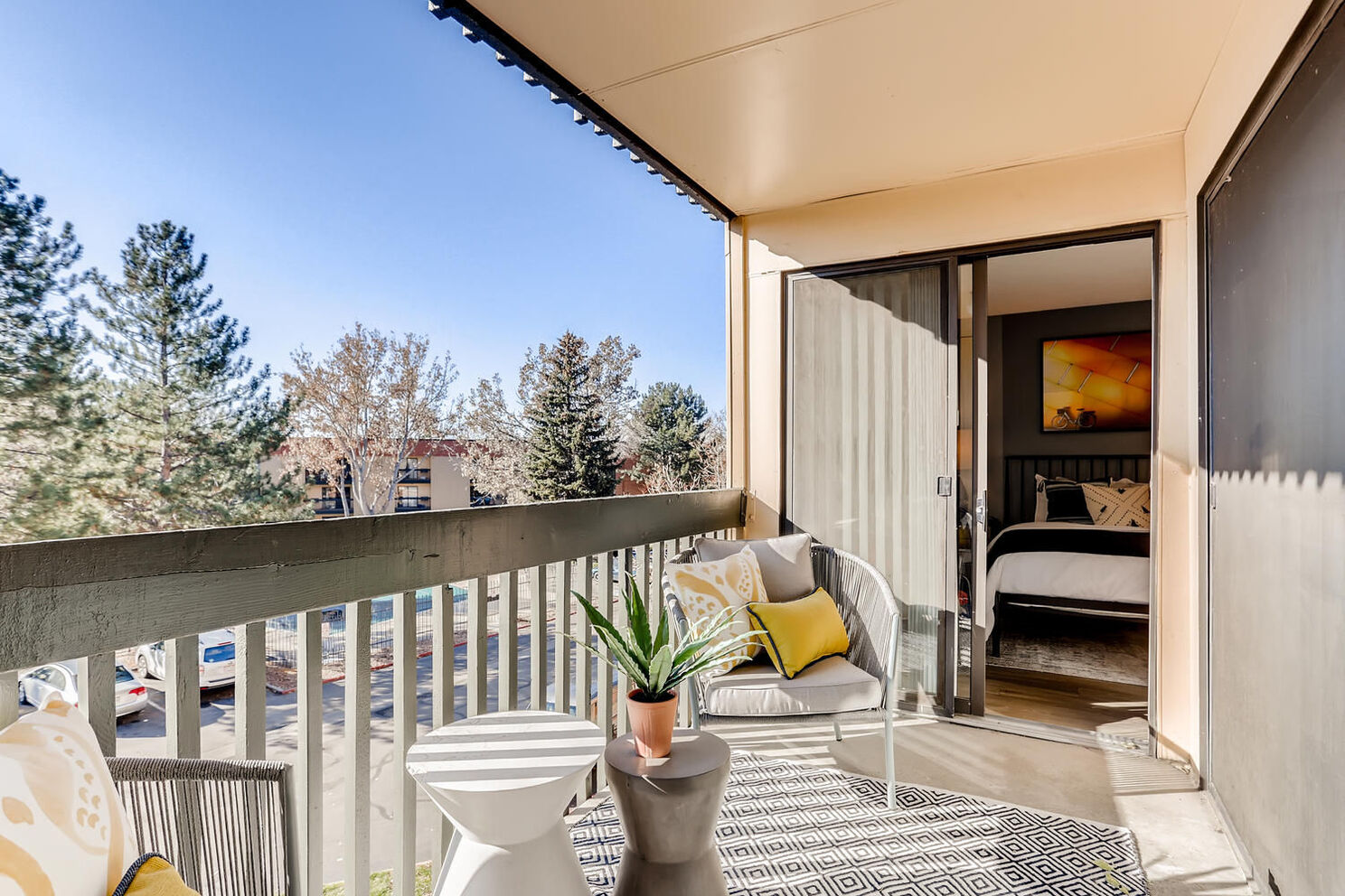 patio with decor and view of bedroom